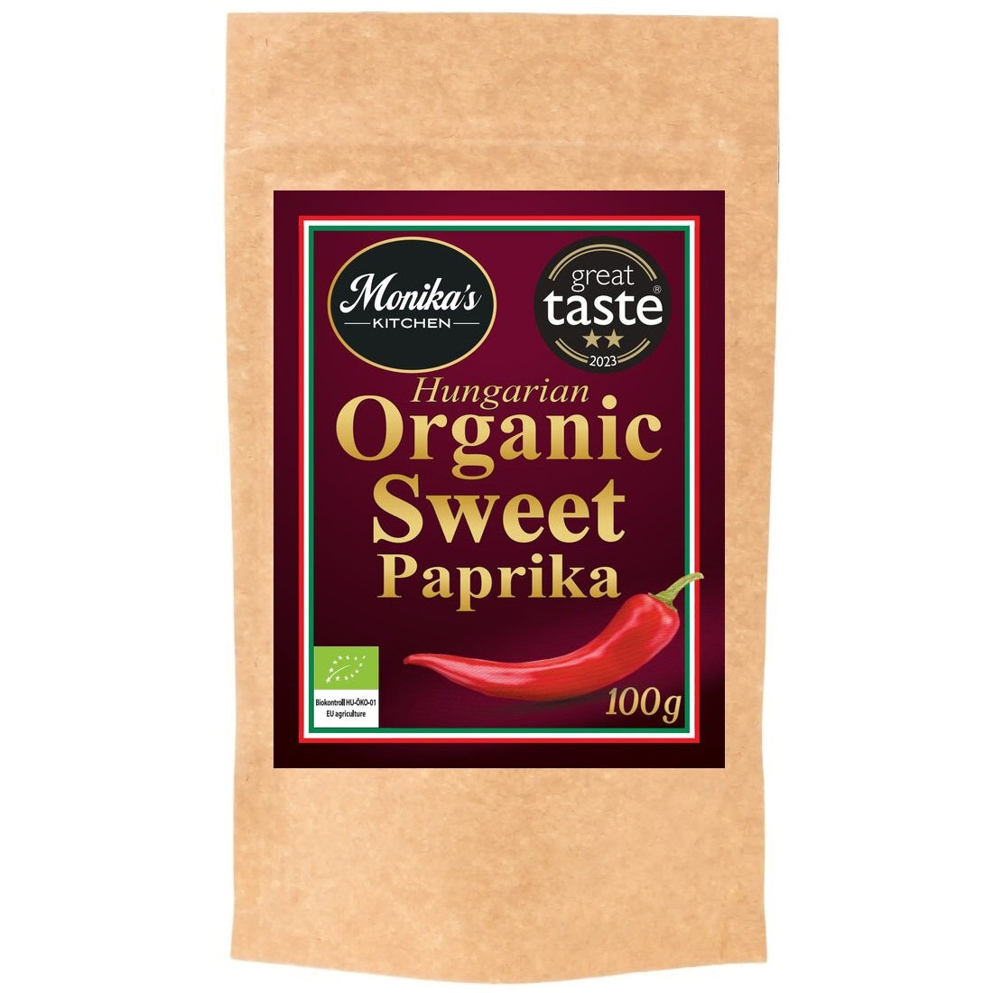 A pack of organic Hungarian sweet paprika powder ground from mild red peppers from Szeged.