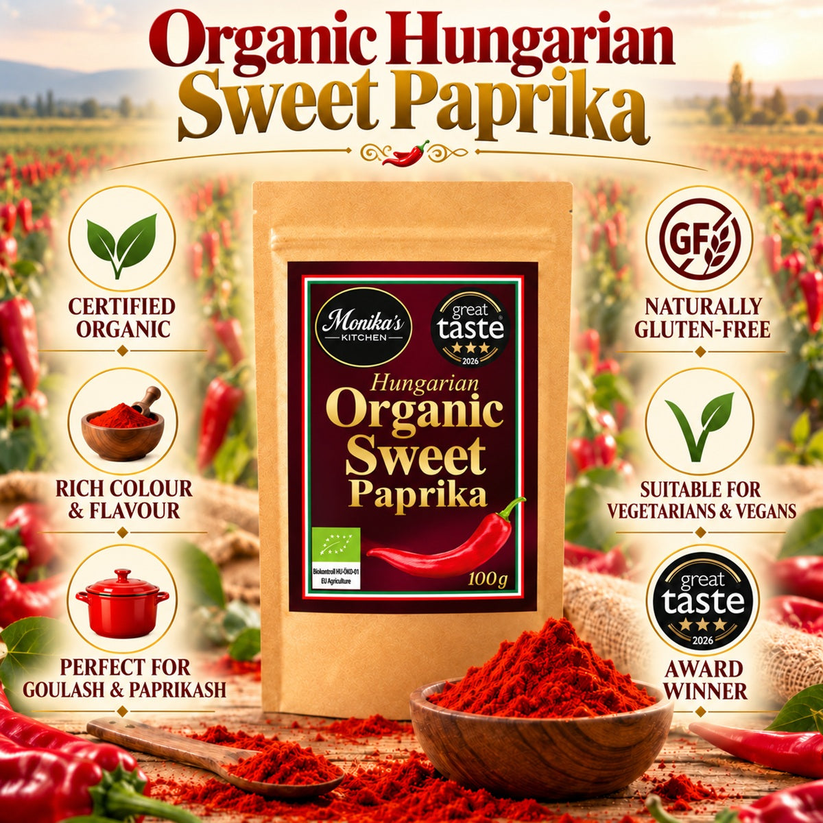 An infographic about Organic Hungarian Szeged Sweet Paprika powder, a certified-organic mild and unsmoked spice.