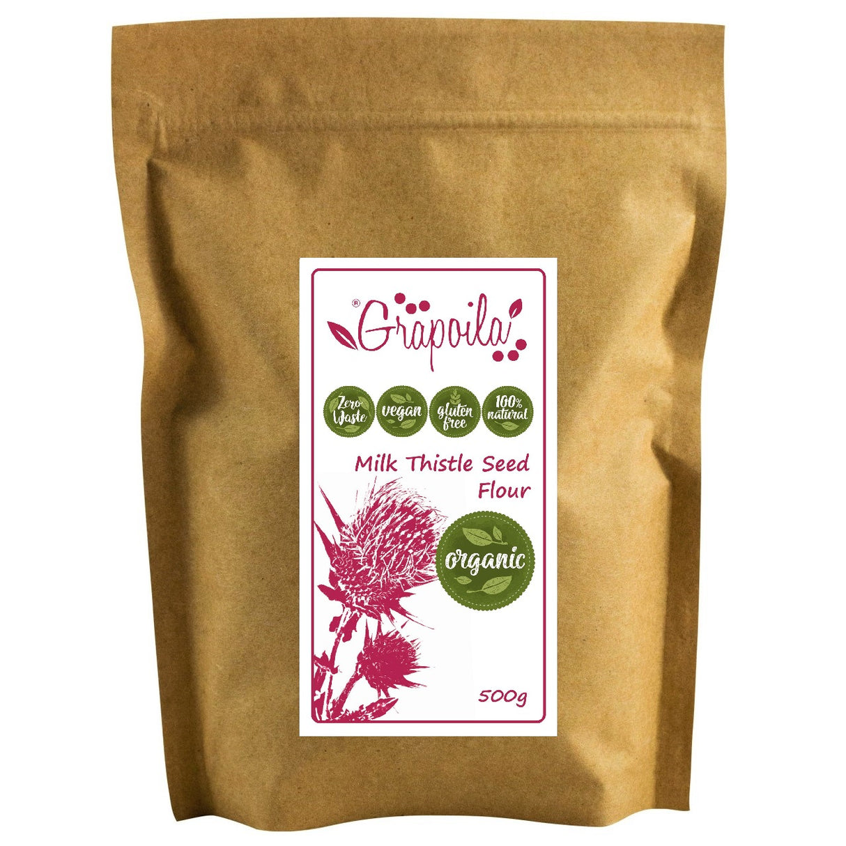 A bag of Organic milk thistle seed, this dried herb is the best source of Silymarin, renowned for protecting the liver.