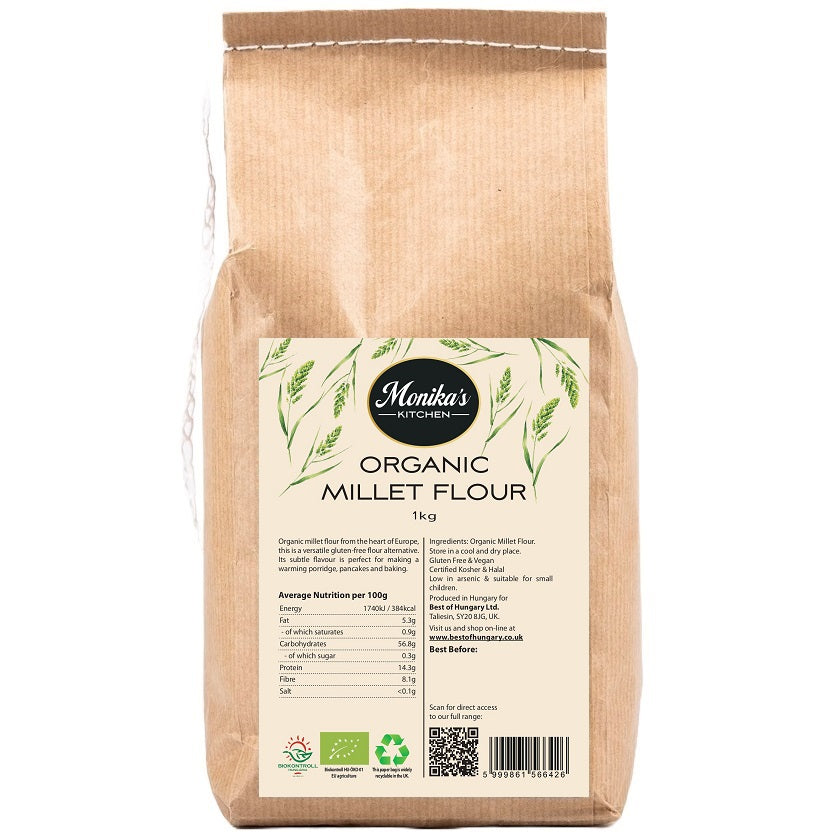Organic millet flour from ground whole millet grains is a healthy gluten-free ingredient rich in fibre and protein.