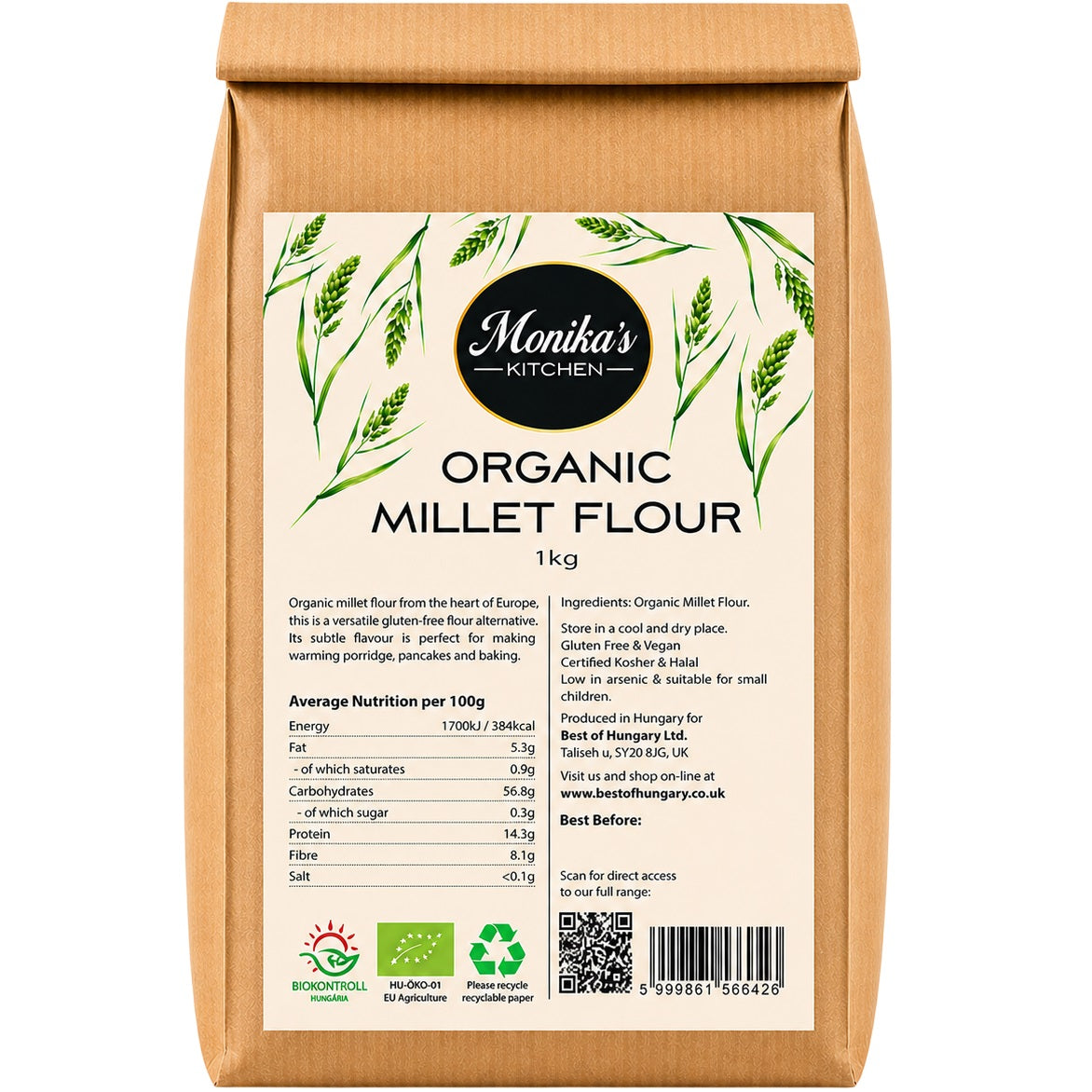 Organic millet flour from ground whole millet grains is a healthy gluten-free ingredient rich in fibre and protein.