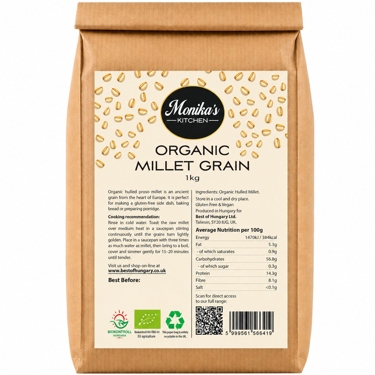 Monika’s Kitchen organic hulled proso millet from Hungary, a gluten-free ancient grain for porridge, bowls and side dishes.