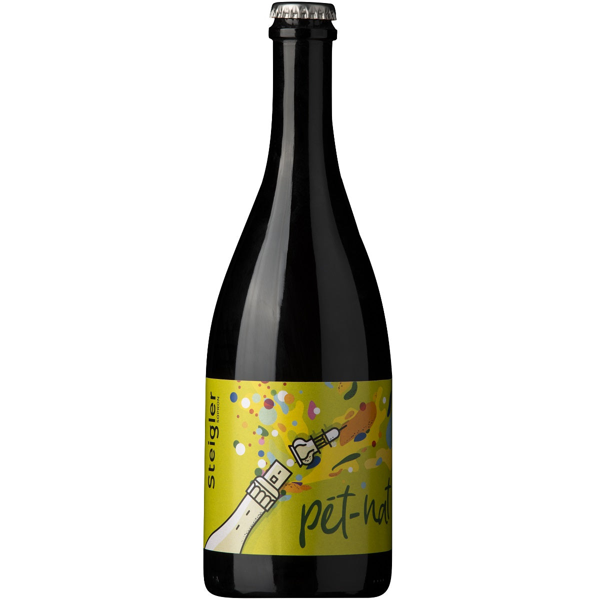 A bottle of organic Pet Nat natural sparkling white wine from Grüner Veltliner grapes.