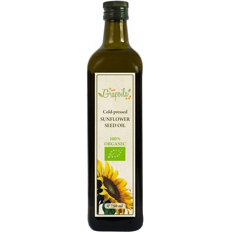 A bottle of organic cold-pressed sunflower oil, a healthy cooking oil best used for grilling and frying.