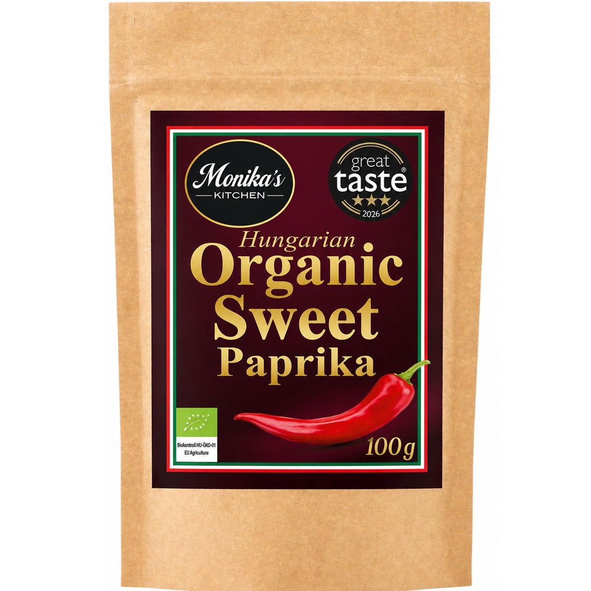 A pack of organic sweet paprika powder ground from certified-organic Hungarian red peppers.