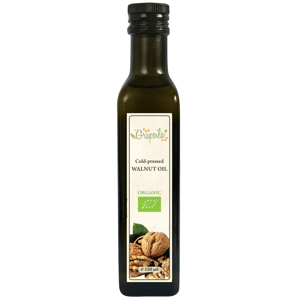 A bottle of organic cold-pressed walnut oil, this is a pure cooking oil best used for frying, baking or salad dressing.