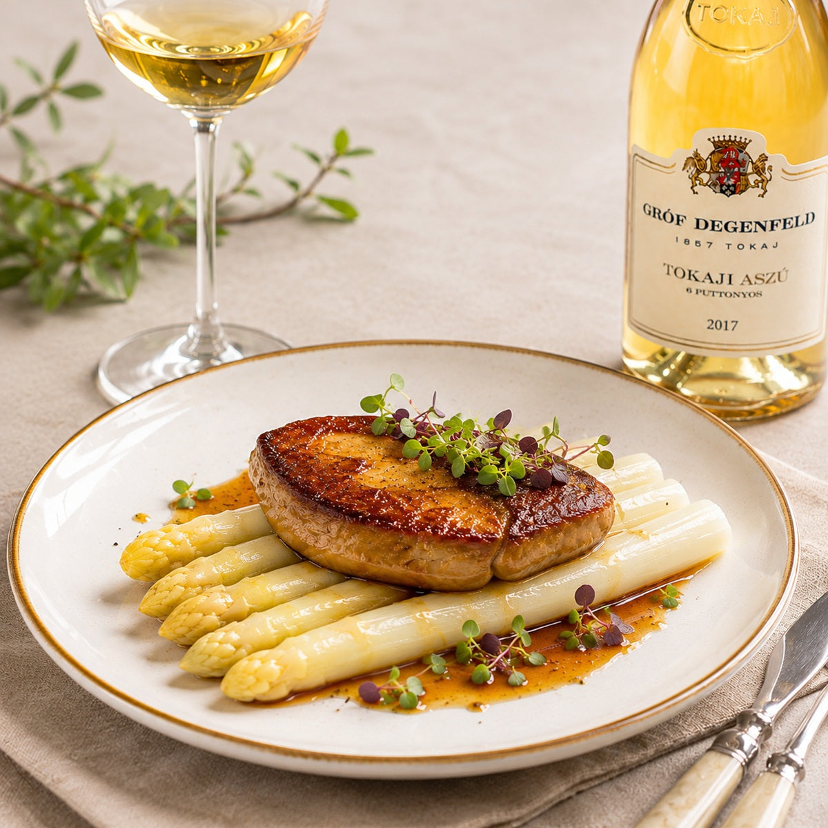 A plated dish of white asparagus and pan-fried foie gras with microgreens, set on a beige tablecloth beside a glass of Tokaji dessert wine.