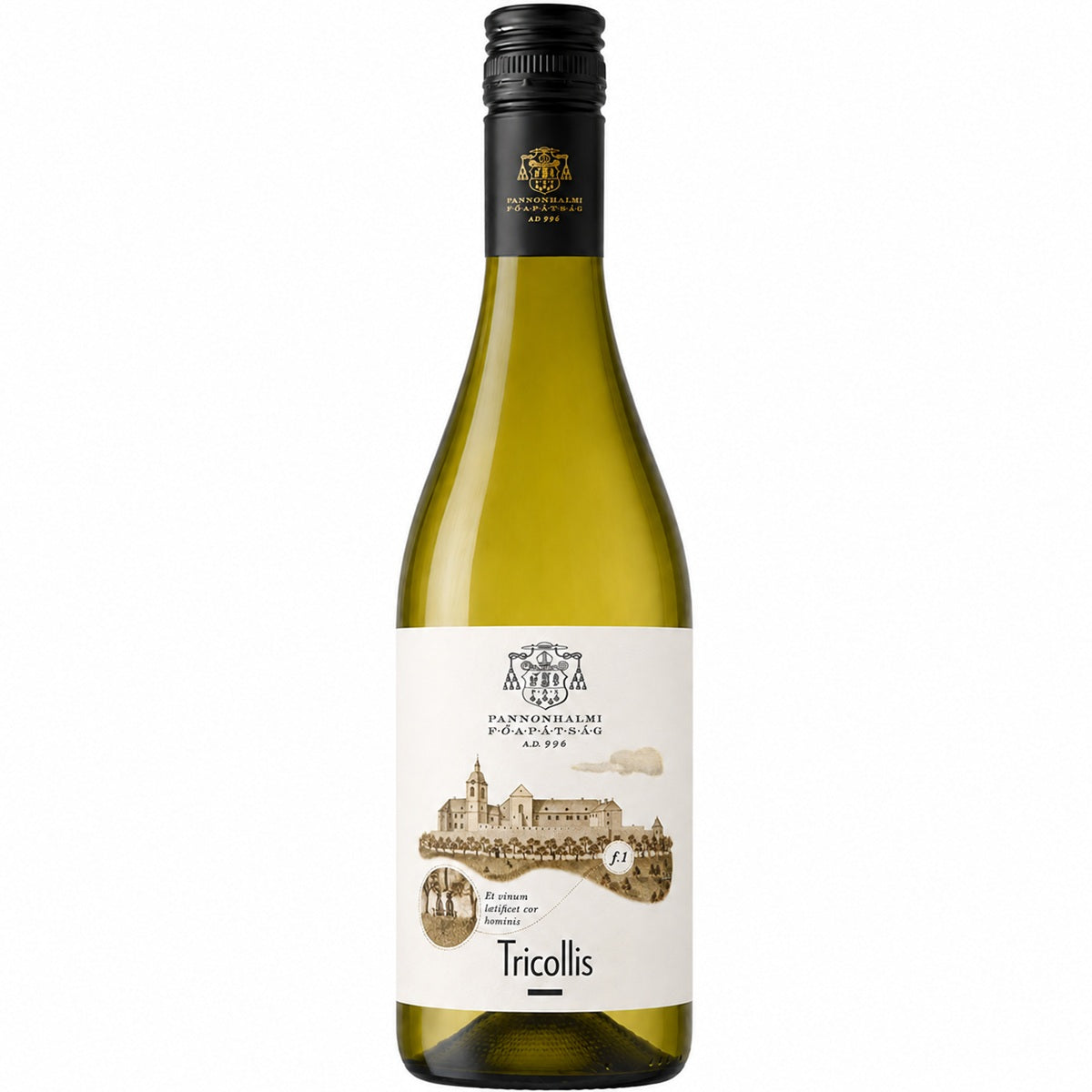 Bottle of Pannonhalma Tricollis White wine from the Pannonhalmi Archabbey in Hungary.