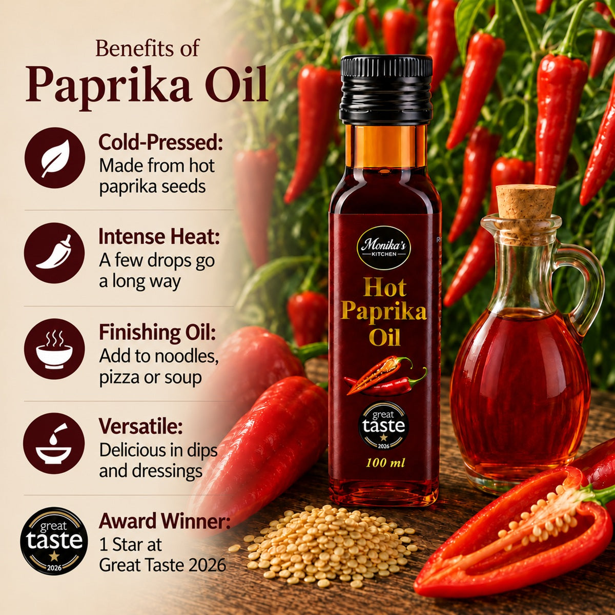 Infographic showing how to use paprika oil and its benefits.
