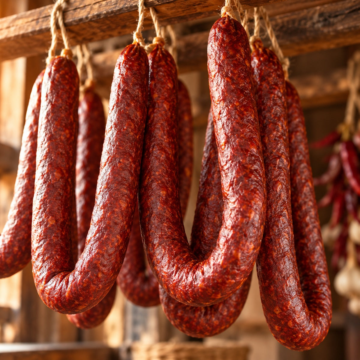 String of dried paraszt kolbász, Hungarian smoked sausages hanging from a wooden beam.