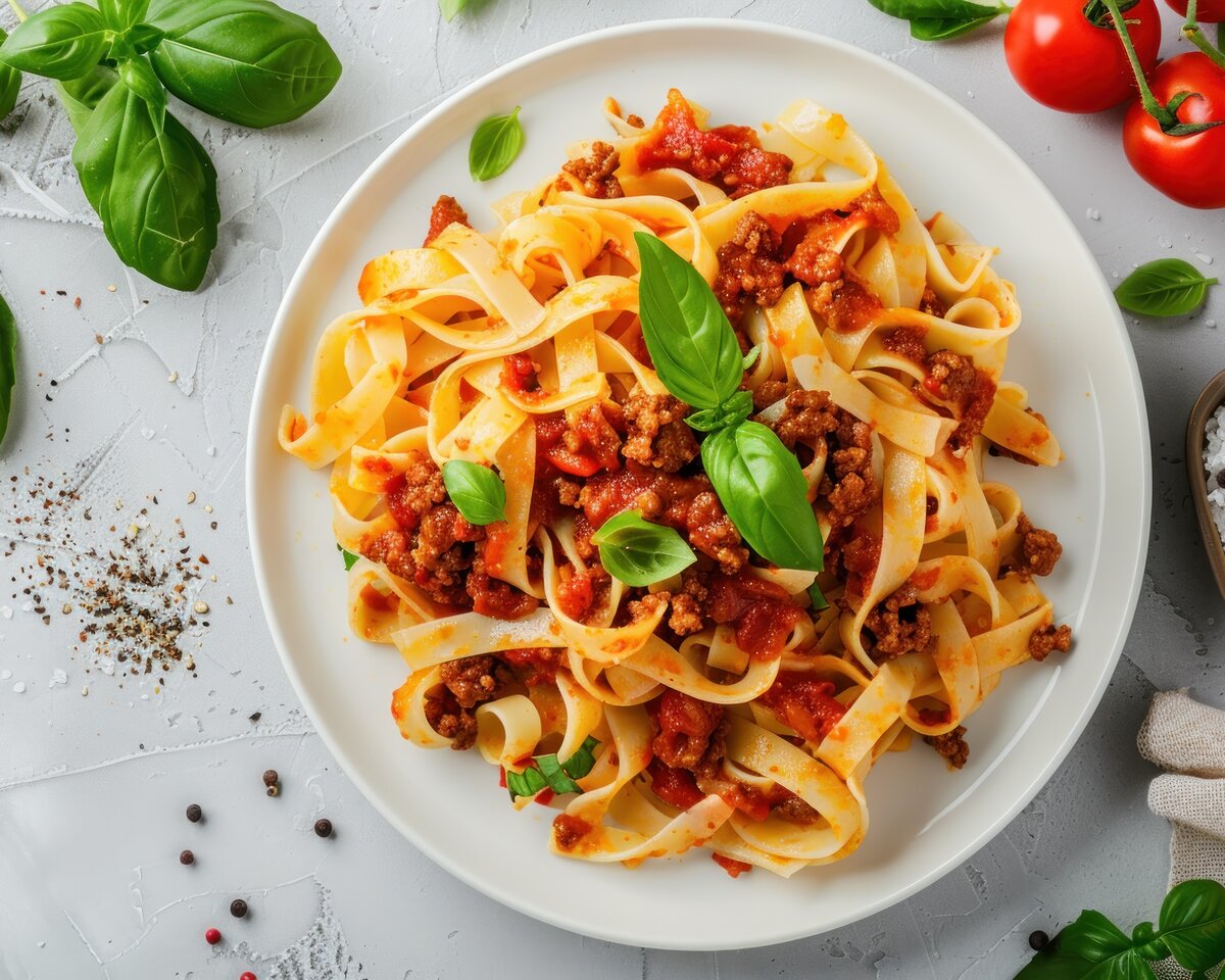 Tagliatelle pasta with a rich tomato and meat ragout sauce.