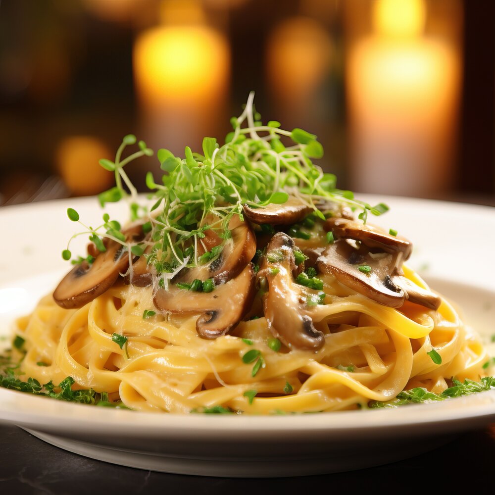 Gourmet truffle pasta with mushrooms recipe infused with a drizzle of black truffle olive oil.