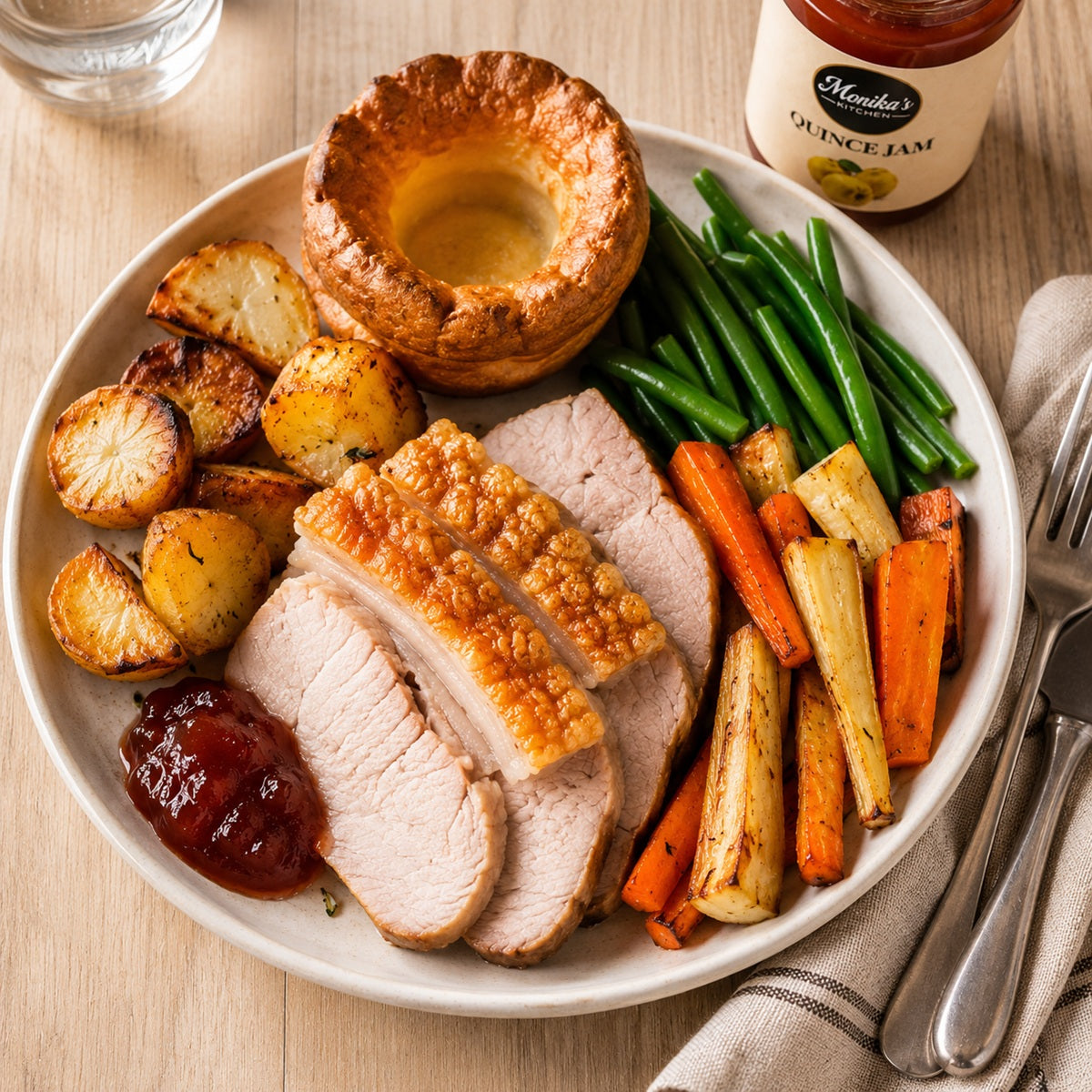 Roast pork with potatoes, roasted vegetables, Yorkshire pudding and quince jam on a wooden table.