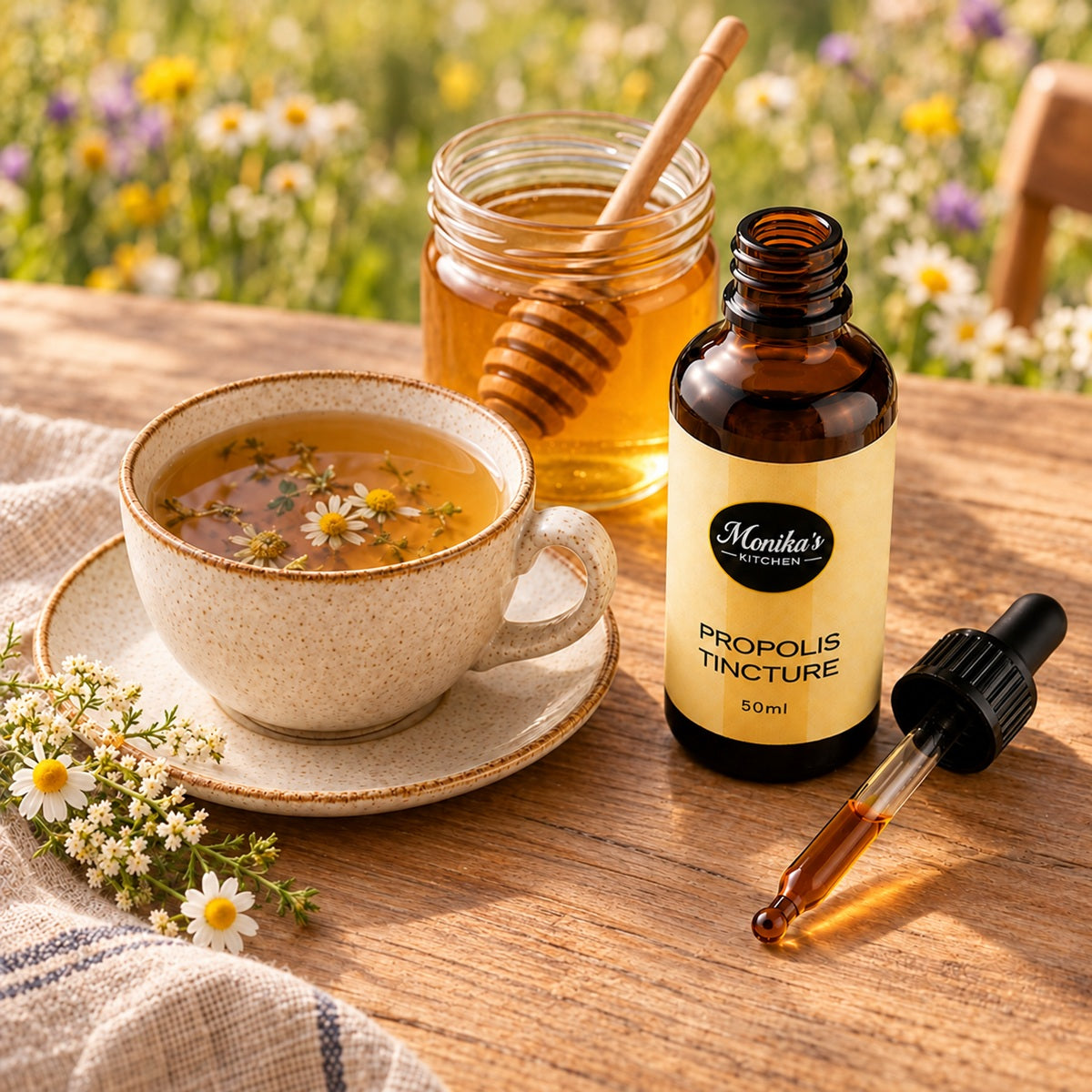Propolis Tincture with a cup of tea and a jar of chamomile tea, and wildflowers in the background.