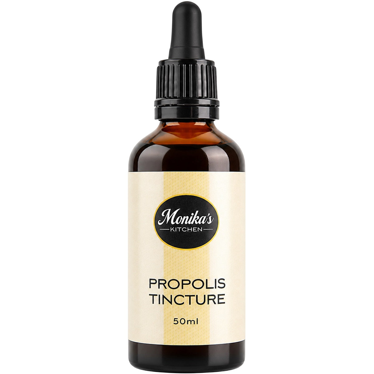 Bottle of propolis tincture, a light amber liquid extract made with 50% raw propolis and alcohol, with a convenient dropper included.