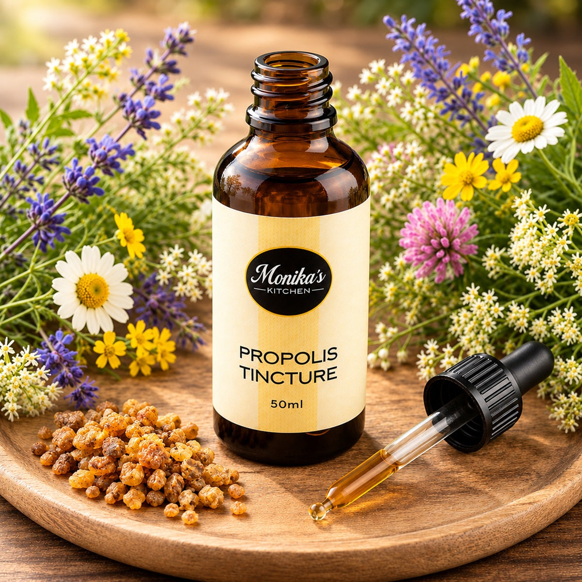 Propolis tincture bottle with liquid in dropper and propolis granules on a wooden plate with flowers in the background.