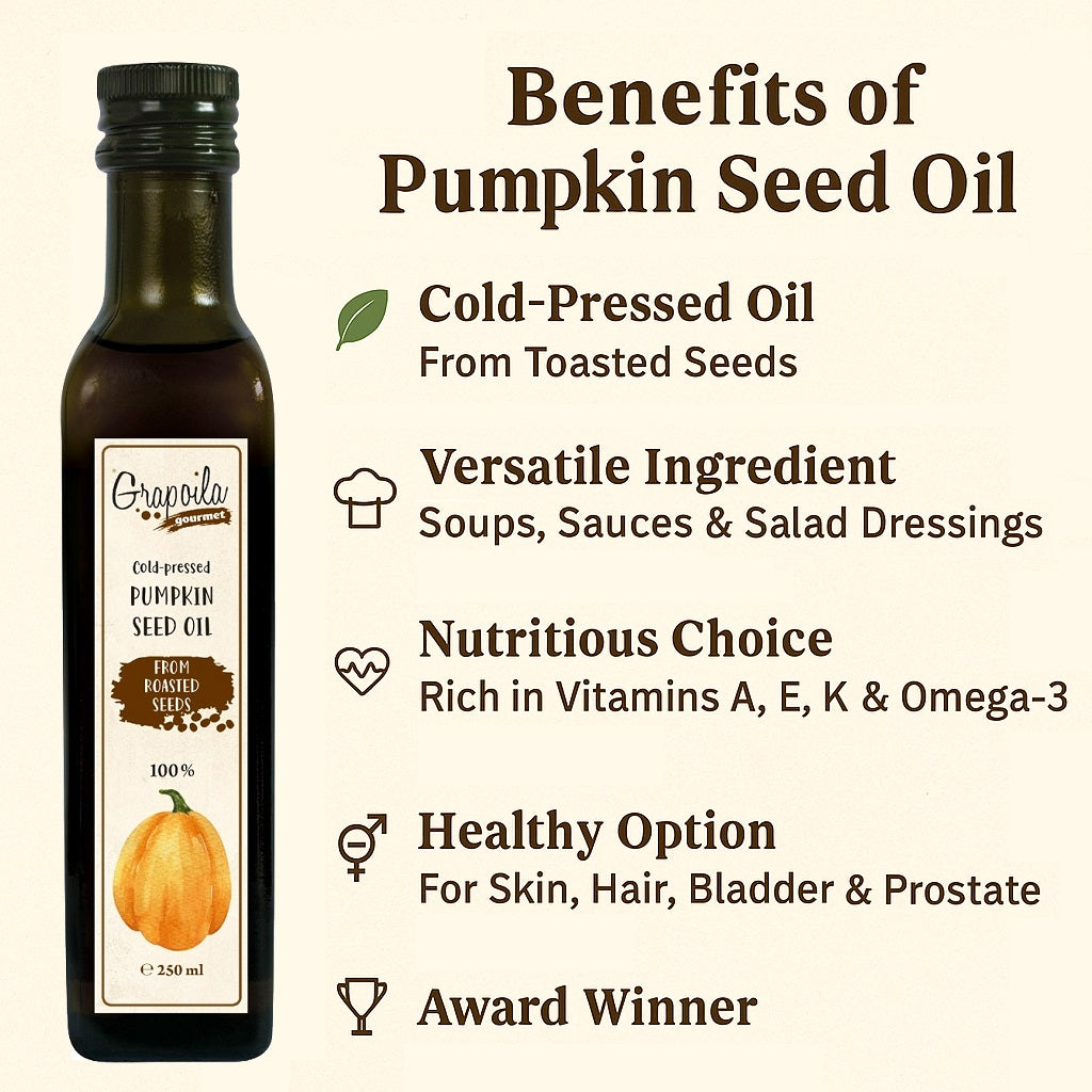 An infographic showing the health and nutritional benefits of eating and using cold pressed pumpkin seed oil.