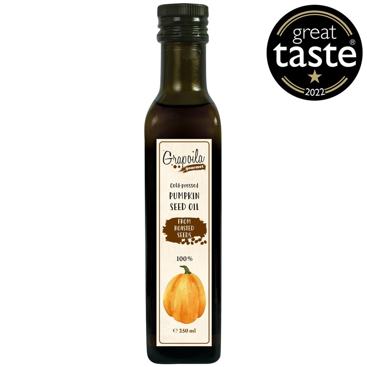 A bottle of cold pressed pumpkin seed oil from toasted pumpkin seeds, this is the best healthy oil for cooking.