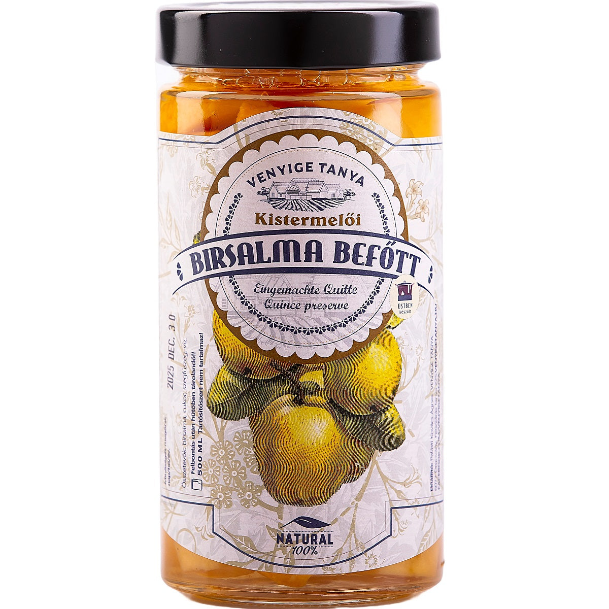 A jar of quince compote made by preserving the fresh fruit.