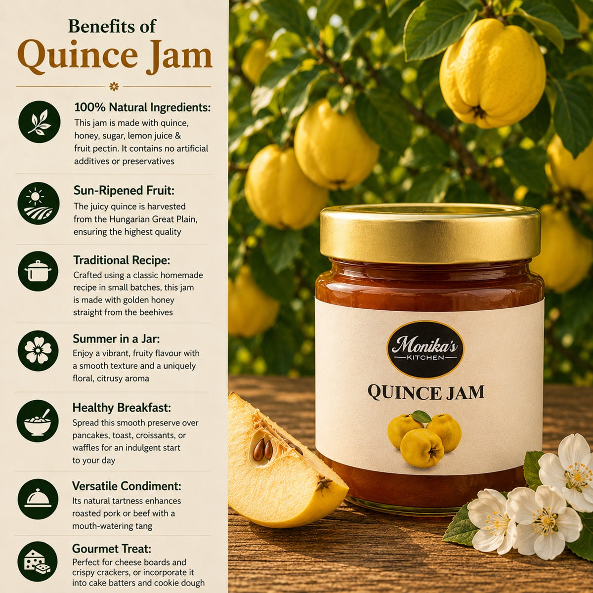 Infographic showing the health and nutritional benefits of eating and using quince jam.
