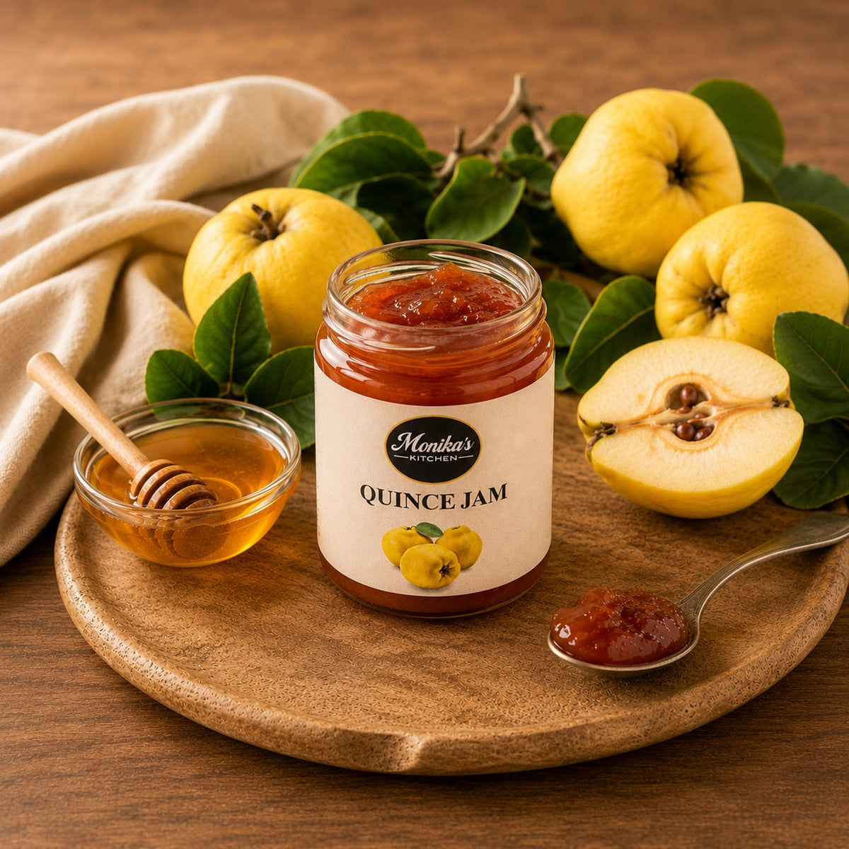 Jar of Monika's Quince Jam with quince fruits and honey on a wooden tray.