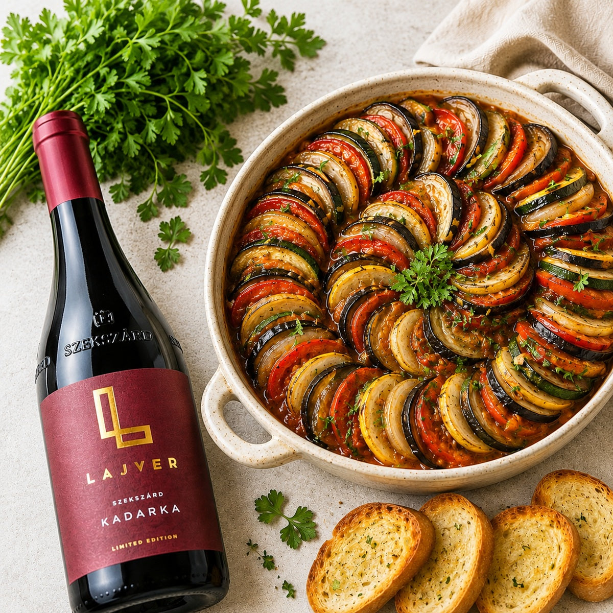 A dish of ratatouille with a bottle of Lajver Kadarka red wine on a light surface.