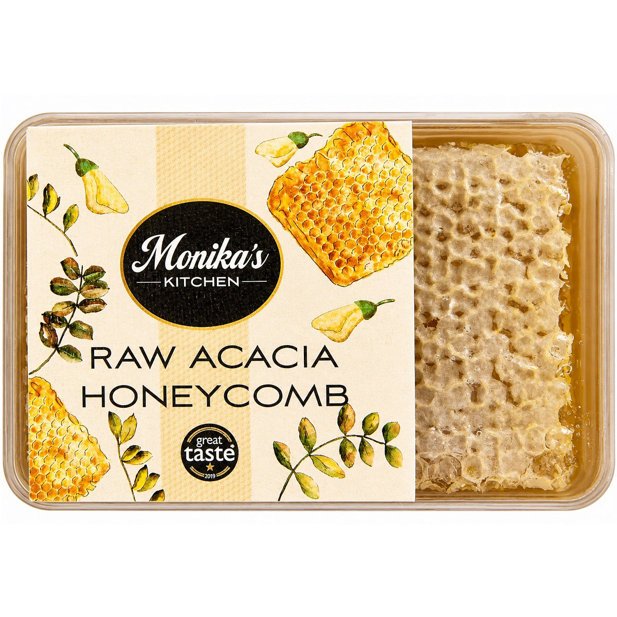 Raw acacia honeycomb, hand-cut and fresh from the hive. This is a pure and natural honeycomb in golden honey.