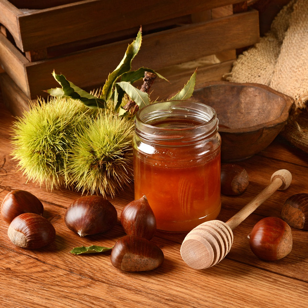 A jar of raw chestnut honey with fresh chestnuts.