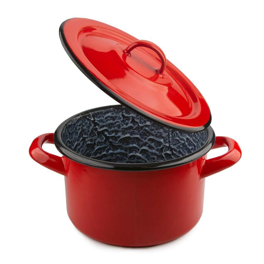 A red enamel stock pot with a lid.