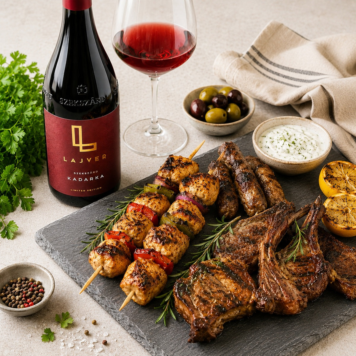 A bottle of Lajver Kadarka red wine with a plate of grilled meats including lamb, beef, sausage and chicken shaslik.