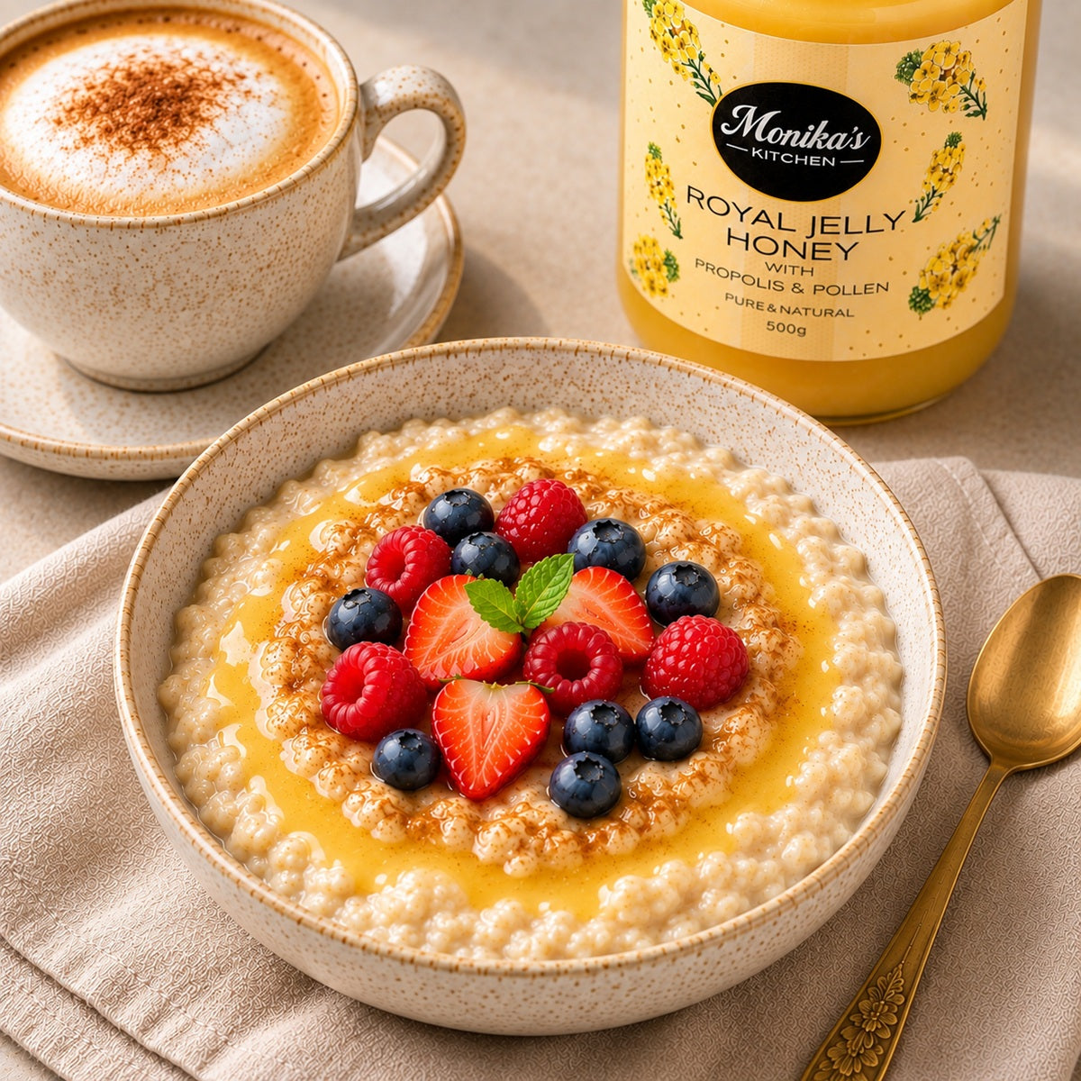 Bowl of oatmeal with fruits, drizzled with honey and a jar of royal jelly honey in the background.