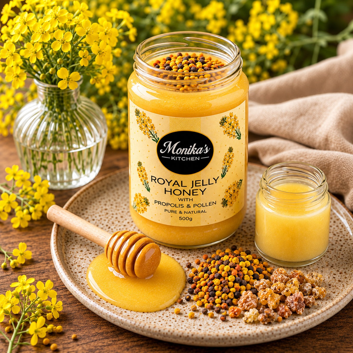 Jar of Royal Jelly Honey on a wooden surface with fresh royal jelly, raw propolis and bee pollen granules.