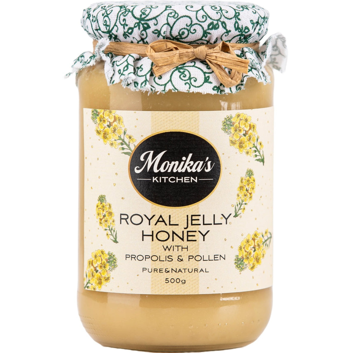 A jar of royal jelly honey with the best pure propolis and raw bee pollen.