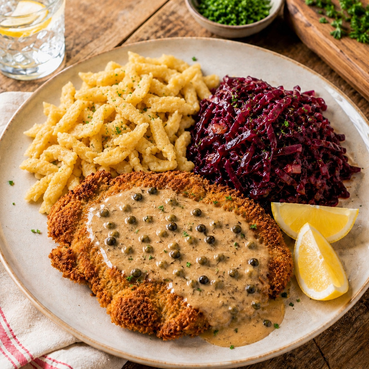 A plated meal of breaded schnitzel topped with peppercorn sauce, served with spaetzle noodles and red cabbage.