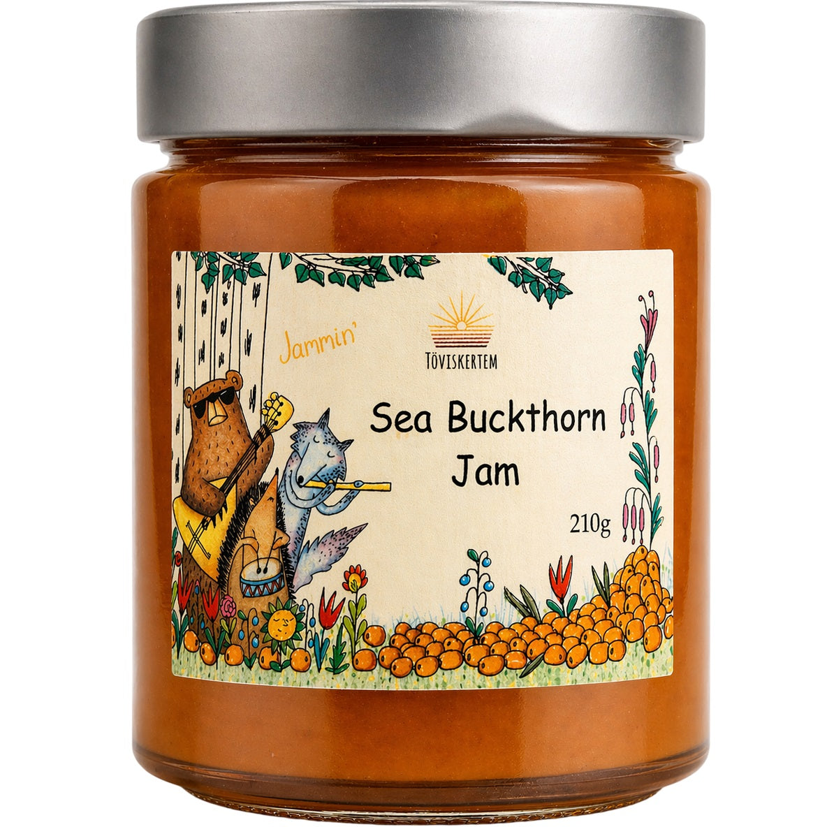 Jar of sea buckthorn jam, this healthy fruit preserve is made from organic berries.