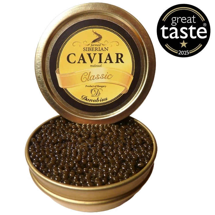 A tin of Malossol Siberian sturgeon black caviar from the best fish egg roe.