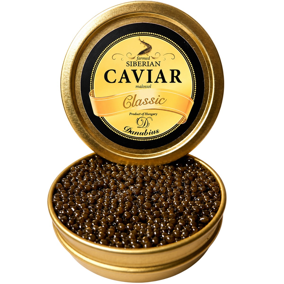 A tin of Malossol Siberian sturgeon black caviar from the best fish egg roe.