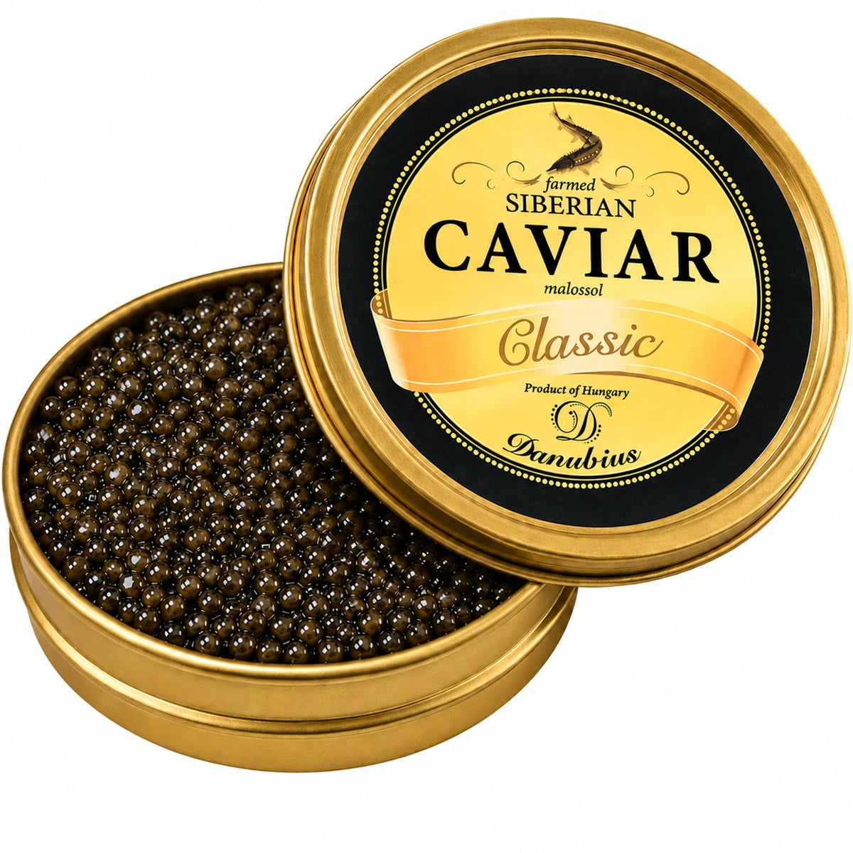 A tin of Malossol Siberian sturgeon black caviar from the best fish egg roe.