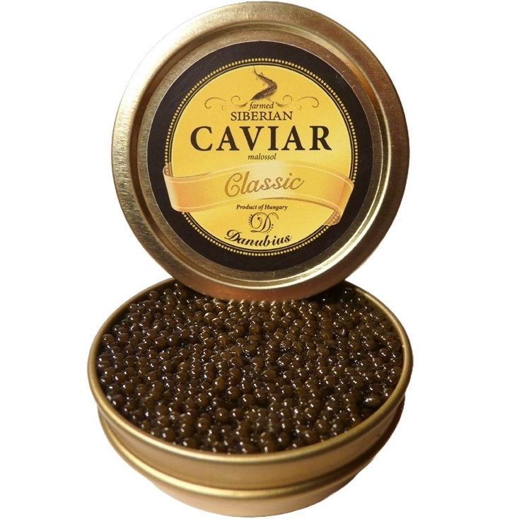 A tin of Malossol Siberian sturgeon black caviar from the best fish egg roe.