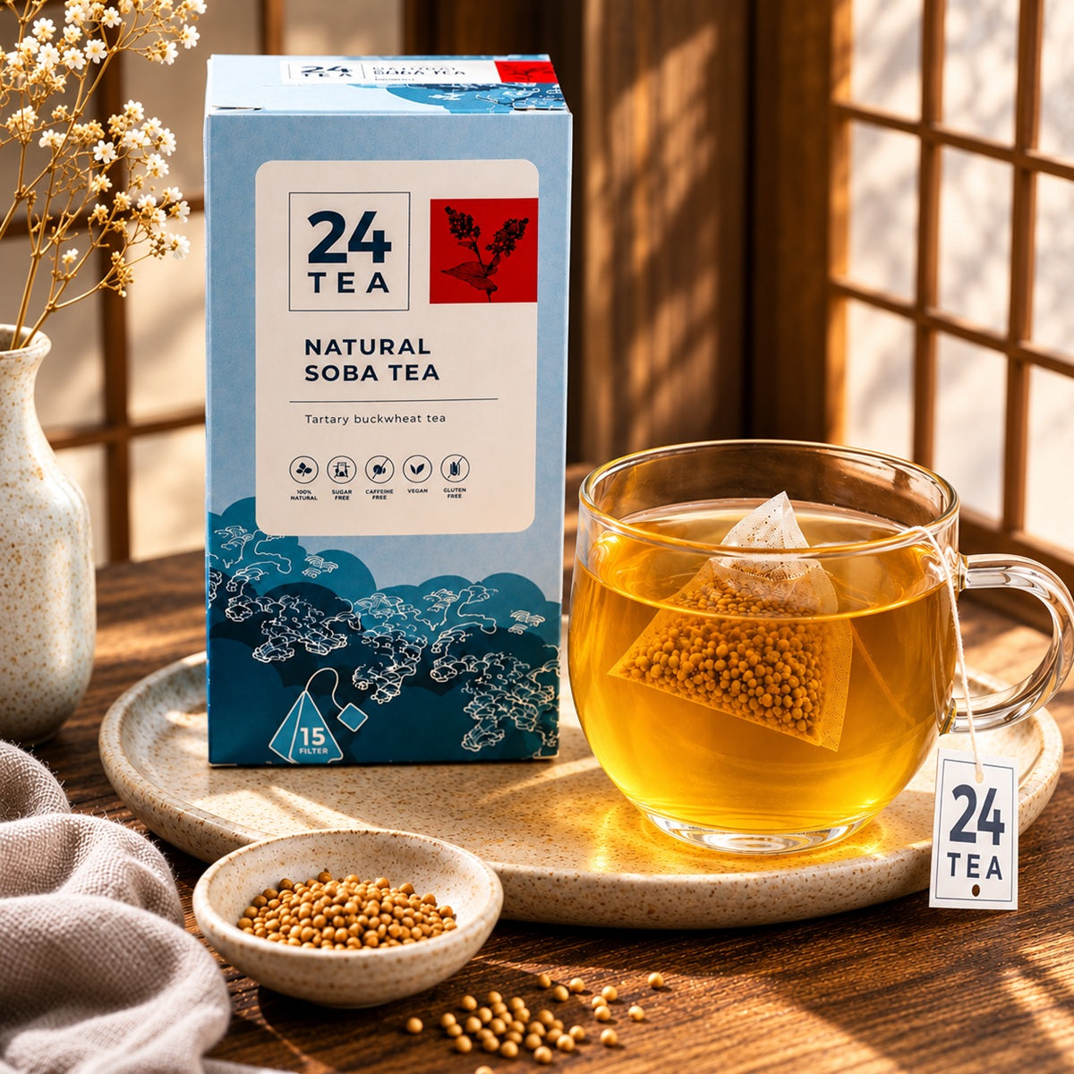 A box of soba cha tea bags with a cup of soba tea and the bag in it.
