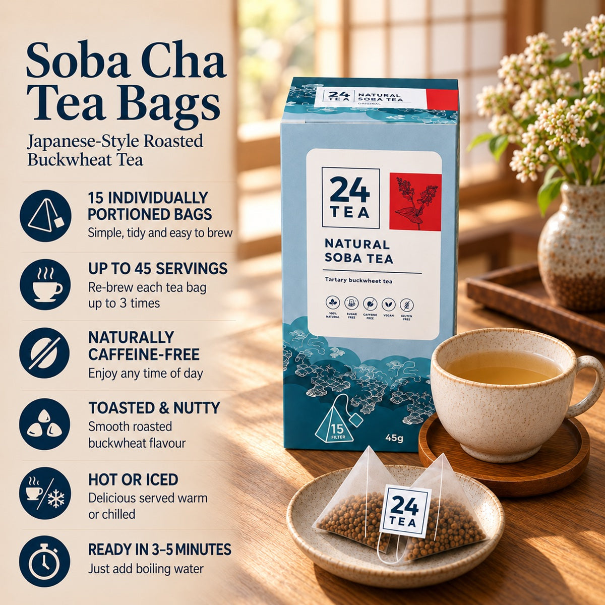 Infographic showing the uses and benefits of drinking soba tea.