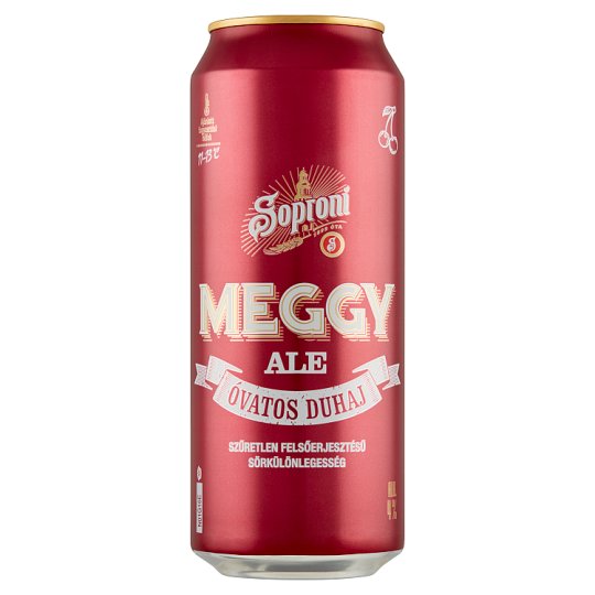 A can of Soproni Óvatos Duhaj Meggy Ale, a Hungarian sour cherry beer.