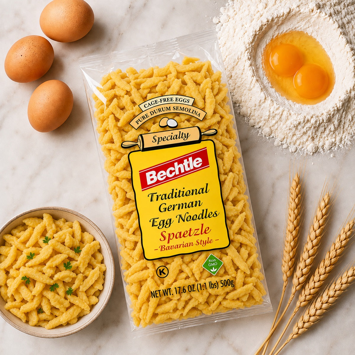 A package of Bechtle Traditional German Egg Noodles (Spaetzle) with fresh eggs and durum wheat semolina.