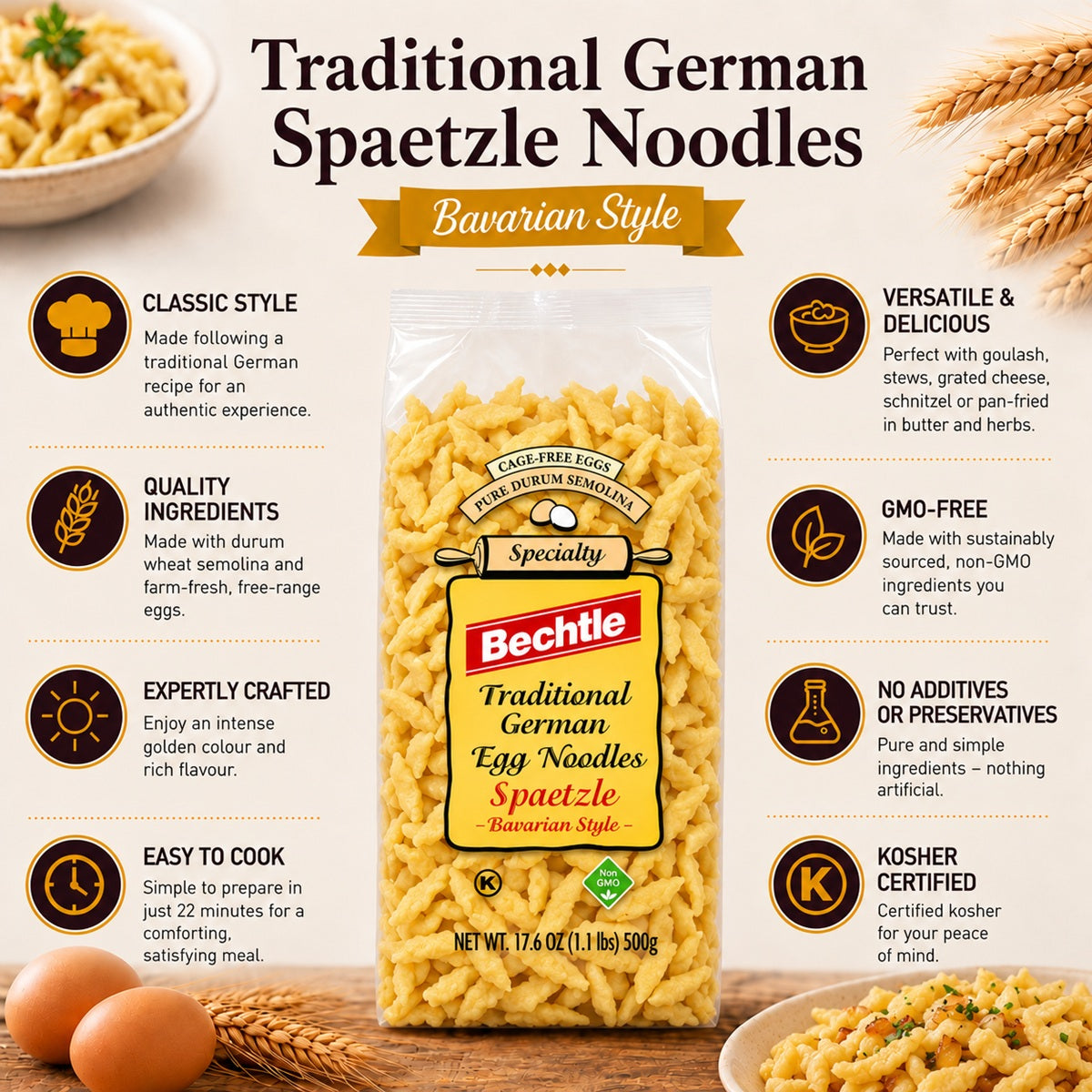 A package of Bechtle Traditional German Spaetzle Noodles prepared in a Bavarian Style, with information.