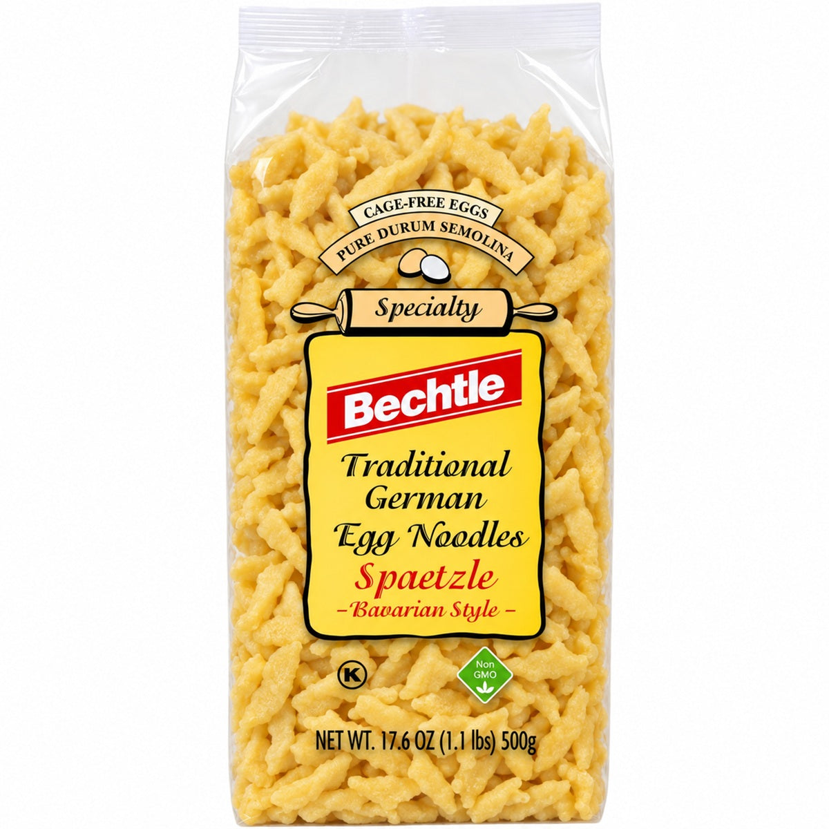 Pack of Bechtle Bavarian-style Spätzle, traditional German egg noodles made with durum wheat semolina and free-range eggs.