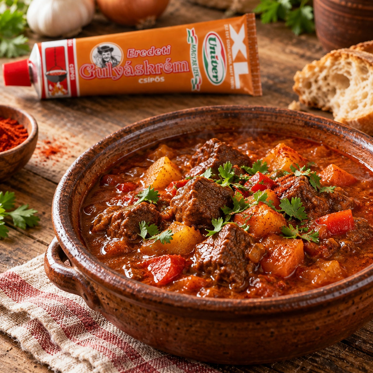 A ceramic bowl filled with a spicy beef and potato goulash with a tube of Hot Hungarian Goulash Paste.