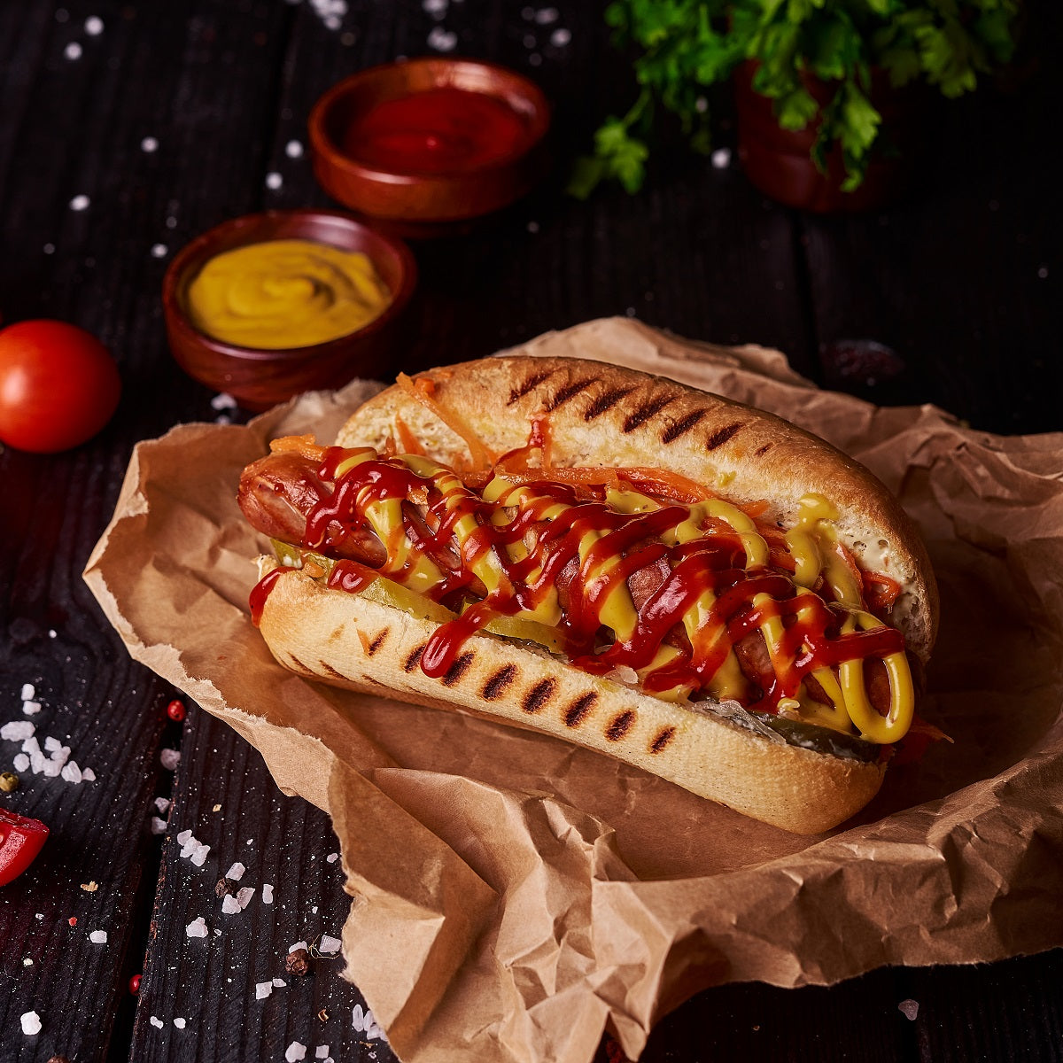 A hot dog in a bun with a drizzle of spicy ketchup and mustard.