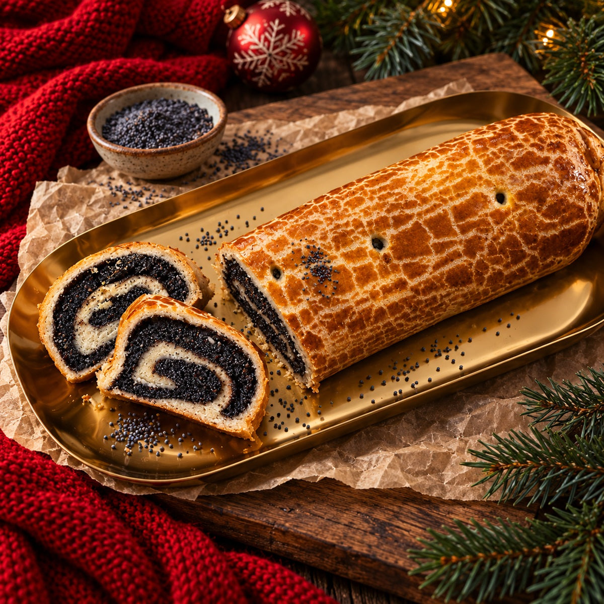 A Strudla sa makom poppy seed roll on a gold tray with Christmas ornaments and a red fabric background