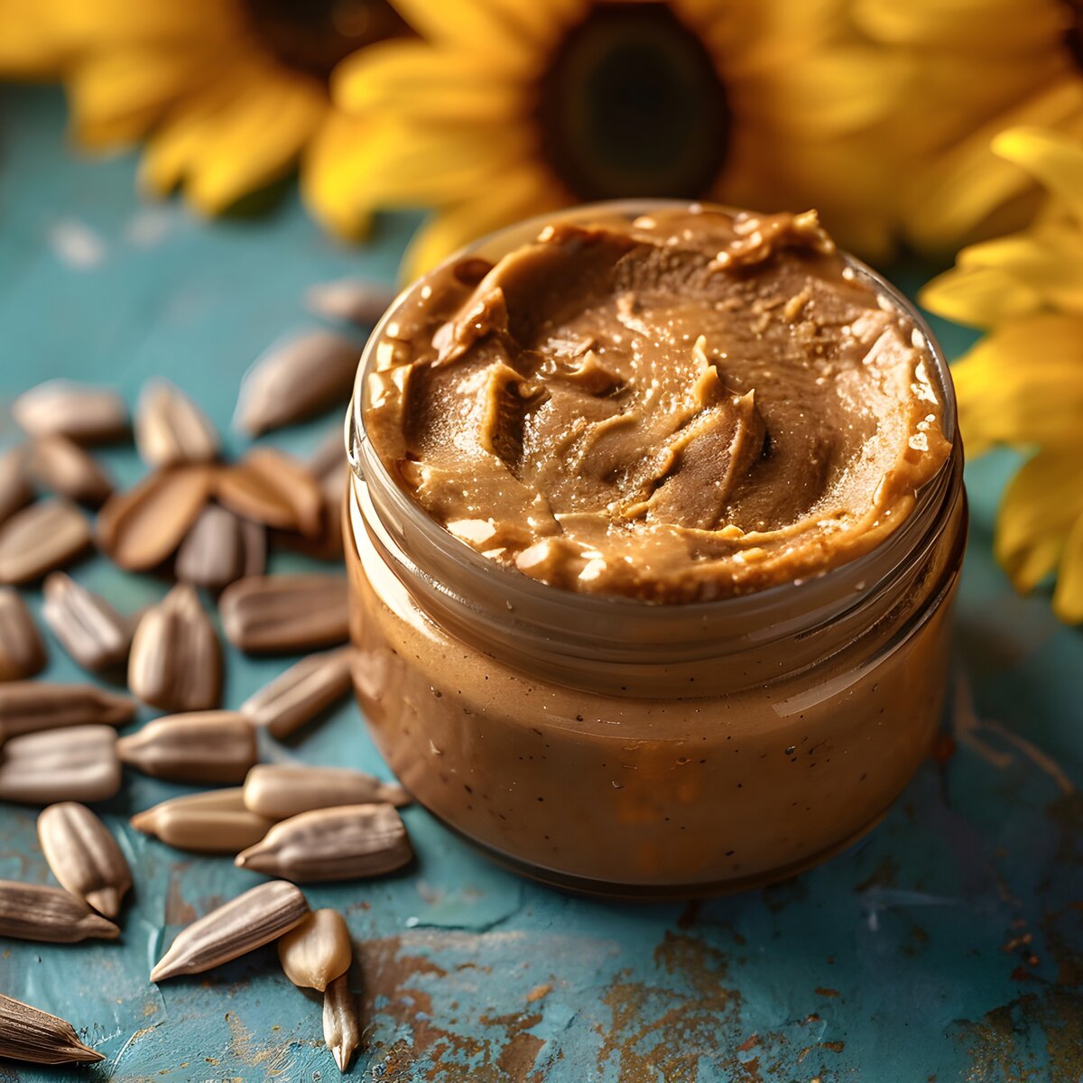 A jar of creamy sunflower butter, a nut-free vegan spread with a pure flavour.