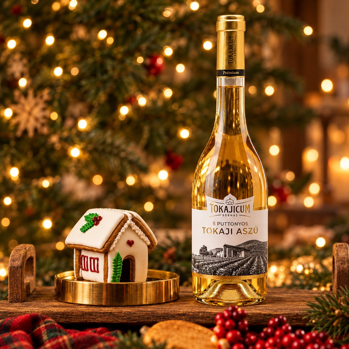Tokajicum Tokaji Aszú 5 Puttonyos beside a festive gingerbread house dessert.